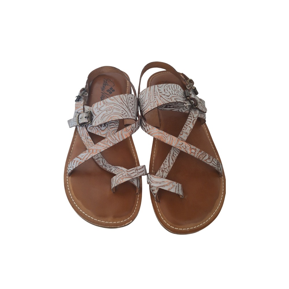 Patricia Nash White Tan Embossed Leather Strappy Toe Loop‎ Sandals Womens 11M
